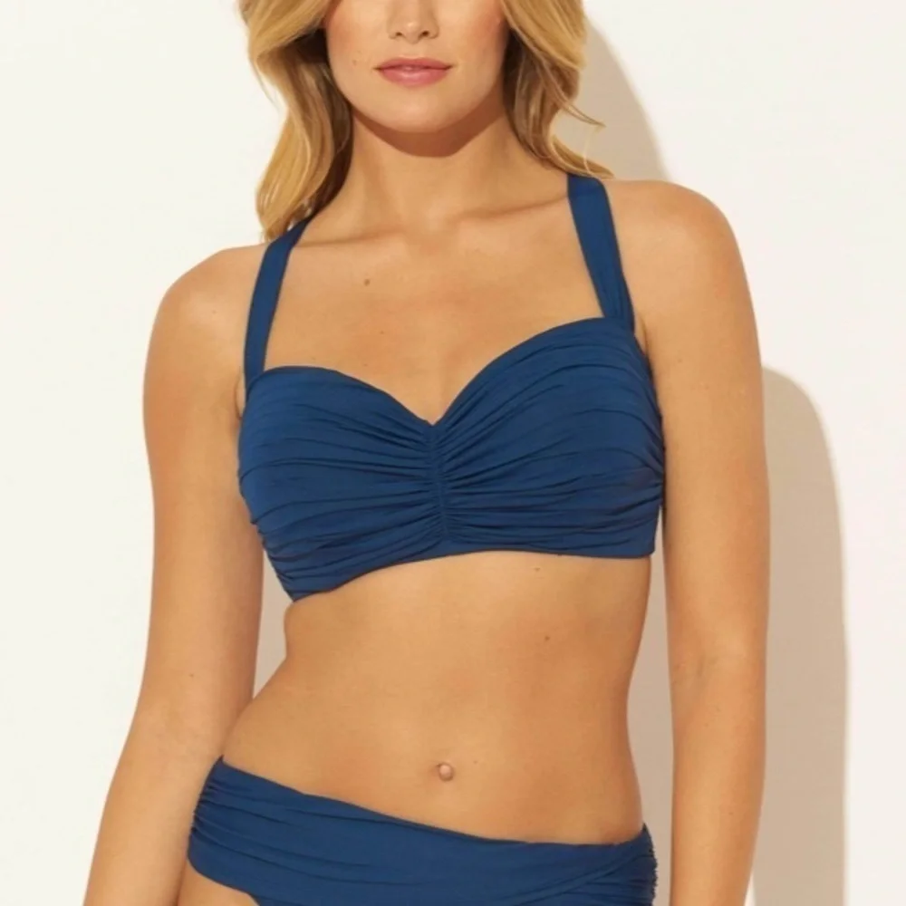 NWT Bleu Rod Beattie Shirred Adjustable Halter Bikini Top In Navy Blue